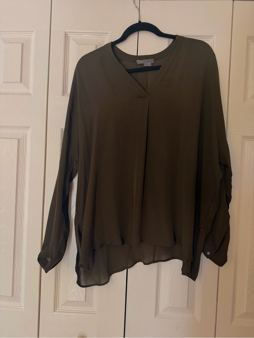 VINCE 100% Silk Relaxed V-Neck Blouse in Greenish Brown
